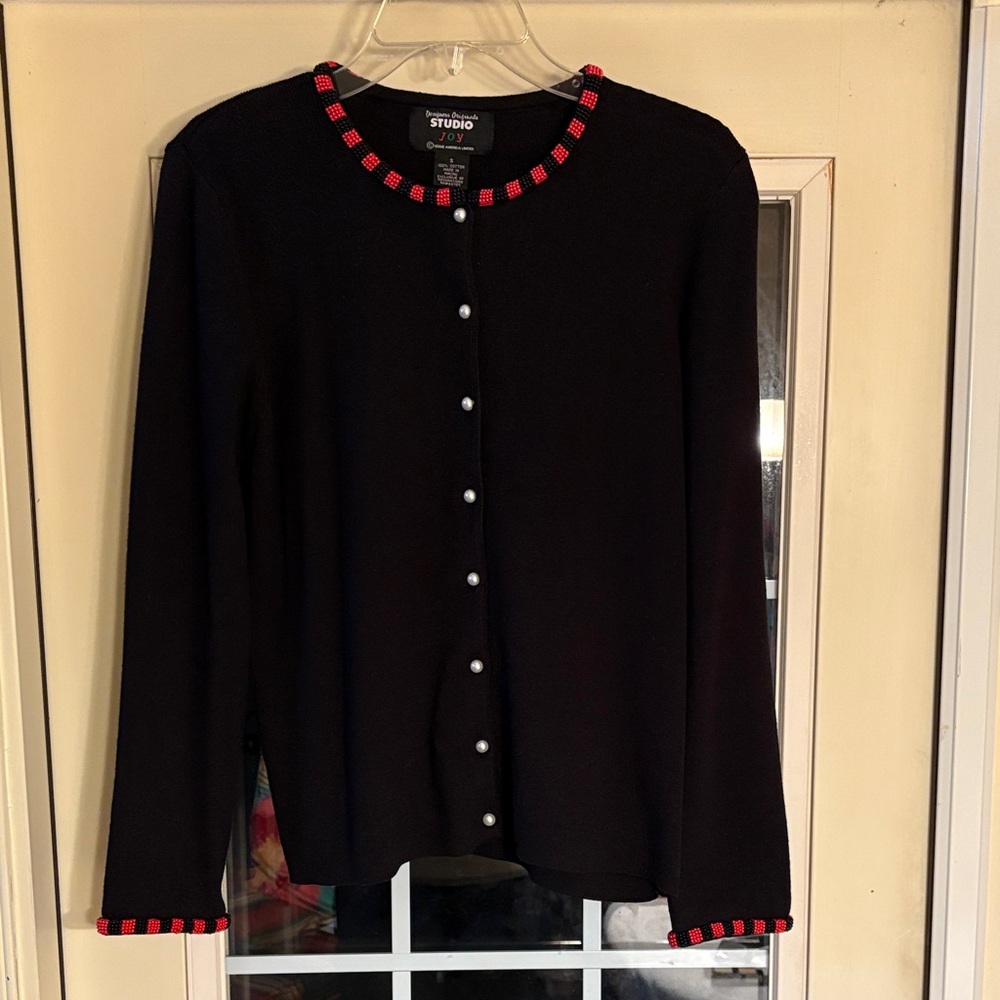 Studio Black Cardigan with Red and Black Beaded Trim